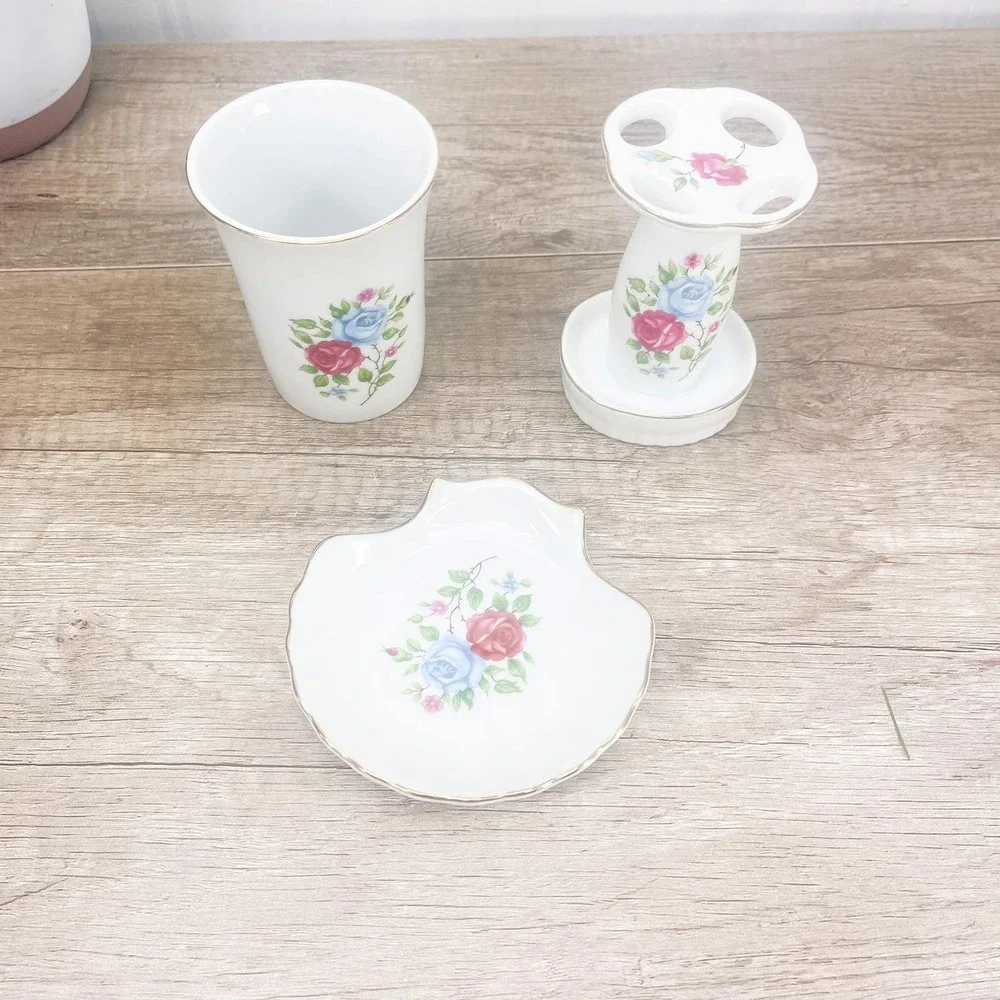 Vintage Floral Ceramic Bathroom Set: Pink Rose Soap Dish, Cup, & TB Holder
